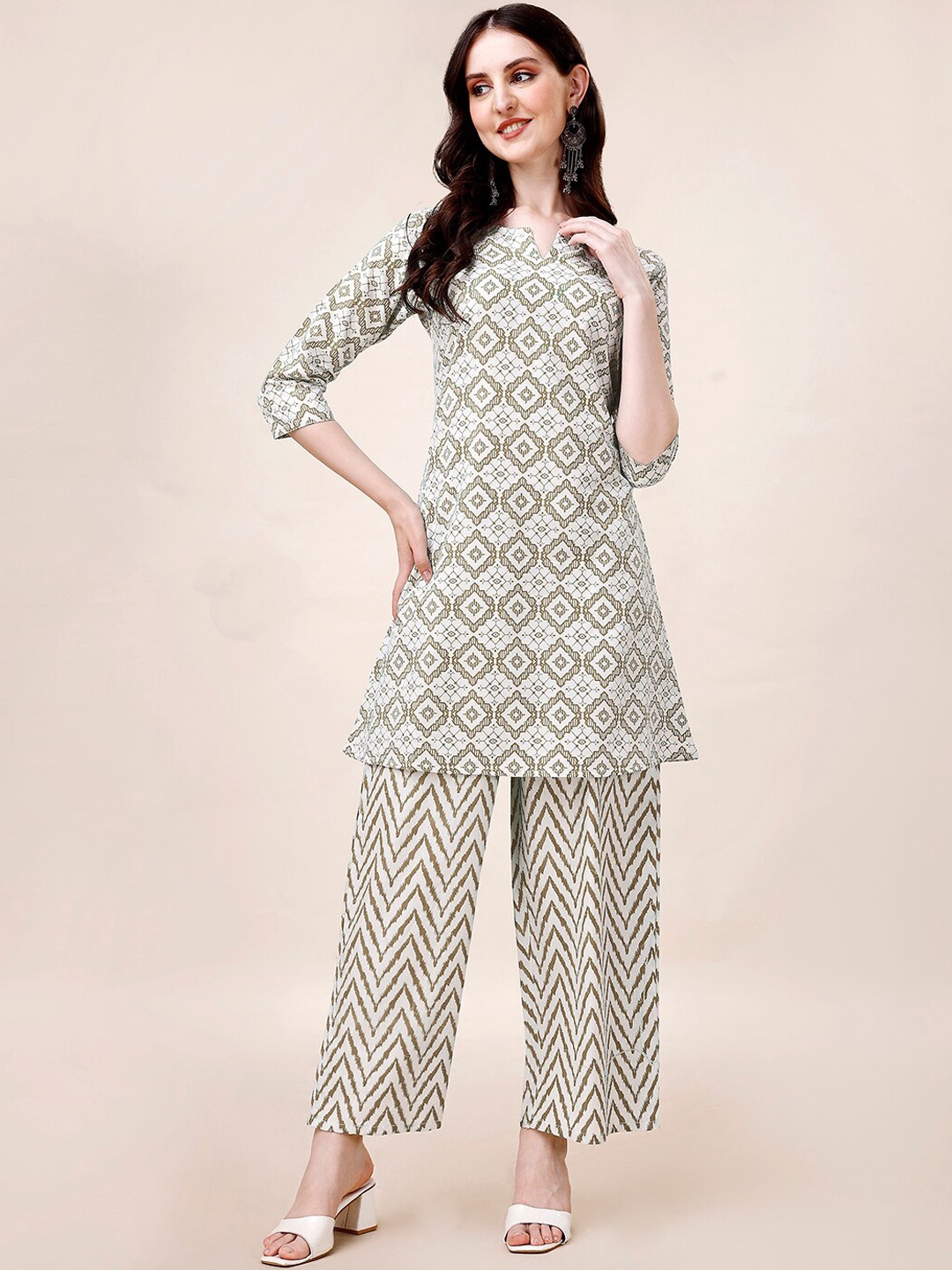 

Amrutam Fab Ethnic Motifs Printed Pure Cotton A-Line Kurti With Palazzos, White