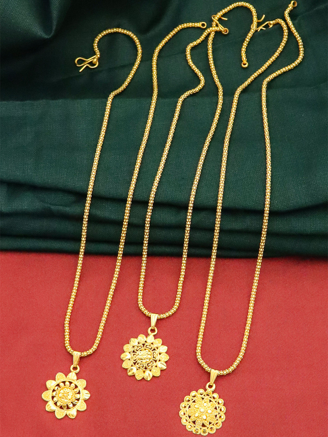 

Ramdev Art Fashion Jwellery Set Of 3 Gold-Plated Floral Pendant With Chain