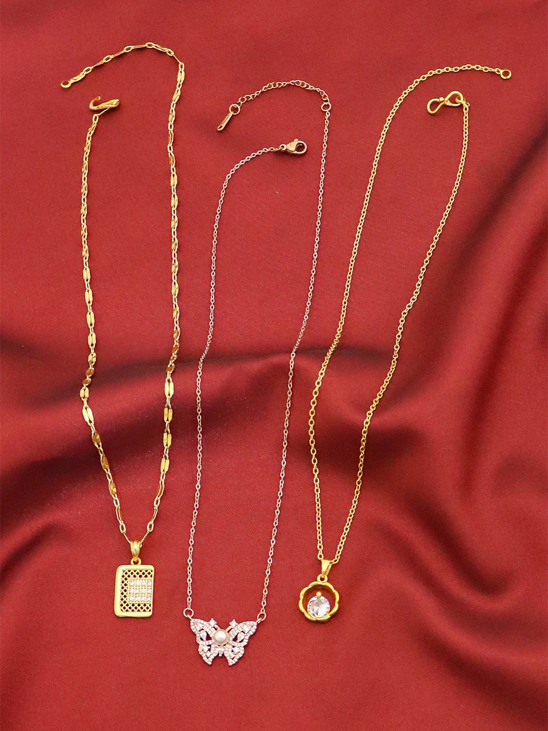 

Ramdev Art Fashion Jwellery Set Of 3 Gold Plated Stone Studded Chains