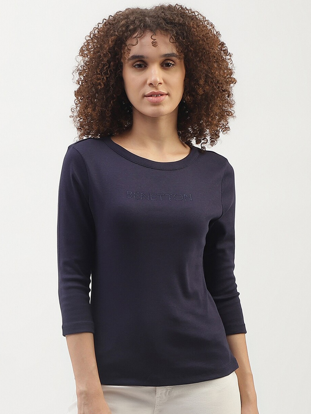 United Colors of Benetton Round Neck Cotton Top, Navy blue