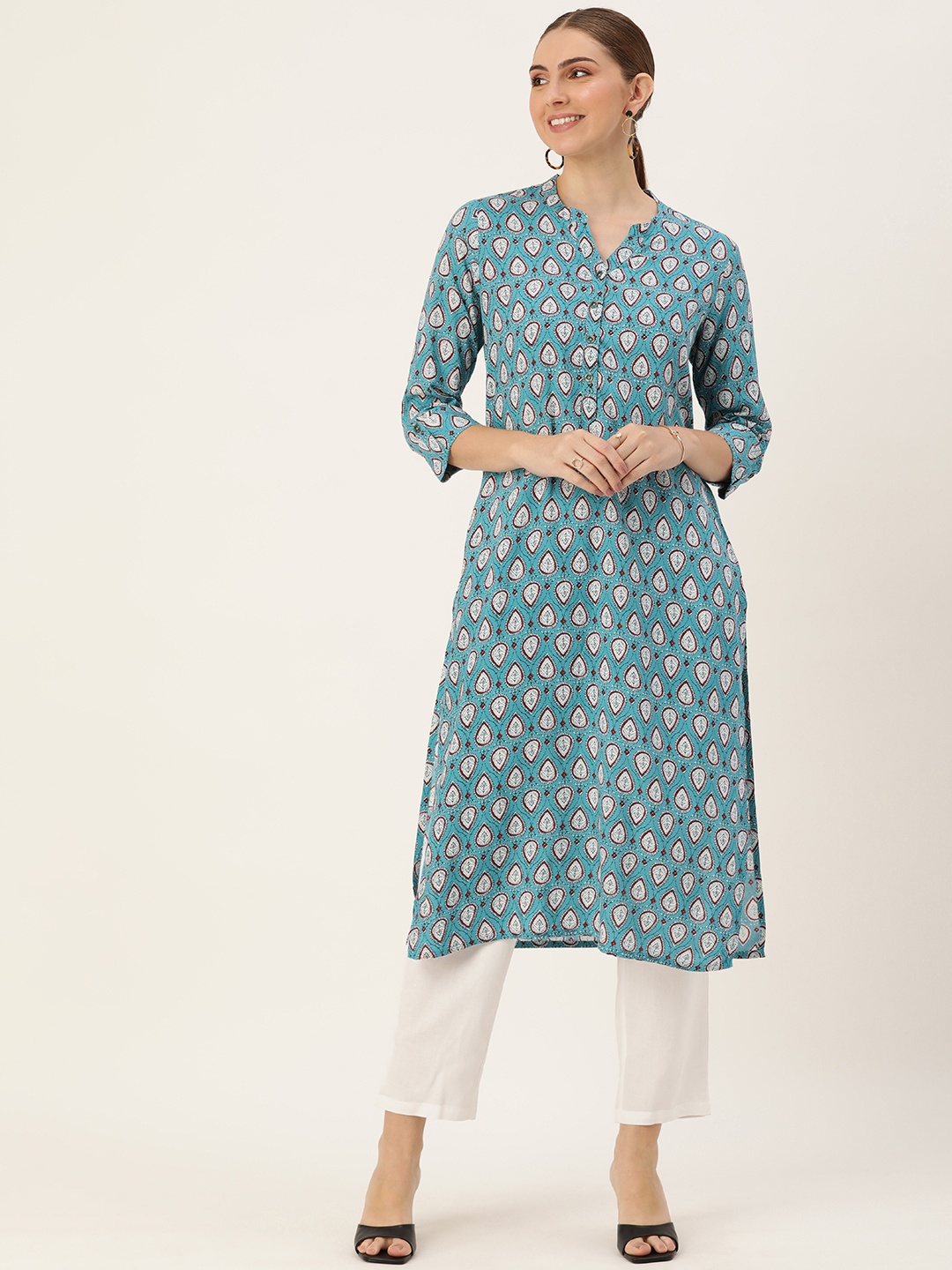 

AMUKTI Ethnic Motifs Printed Mandarin Collar Kurta, Blue