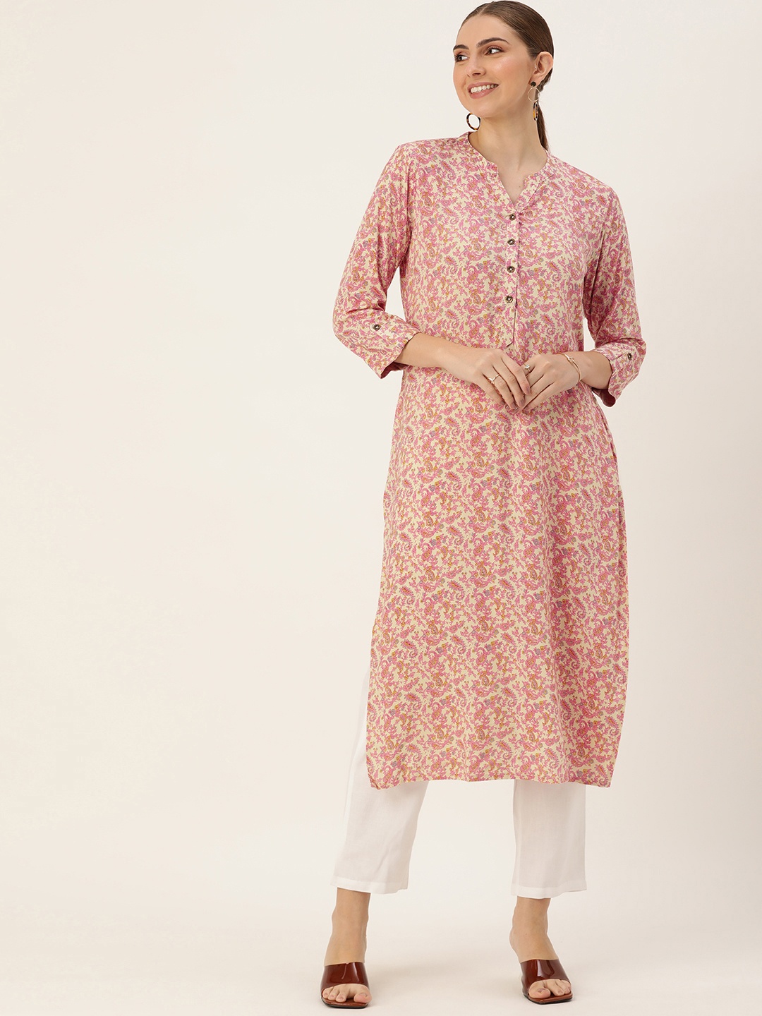 

AMUKTI Floral Printed Mandarin Collar Kurta, Pink