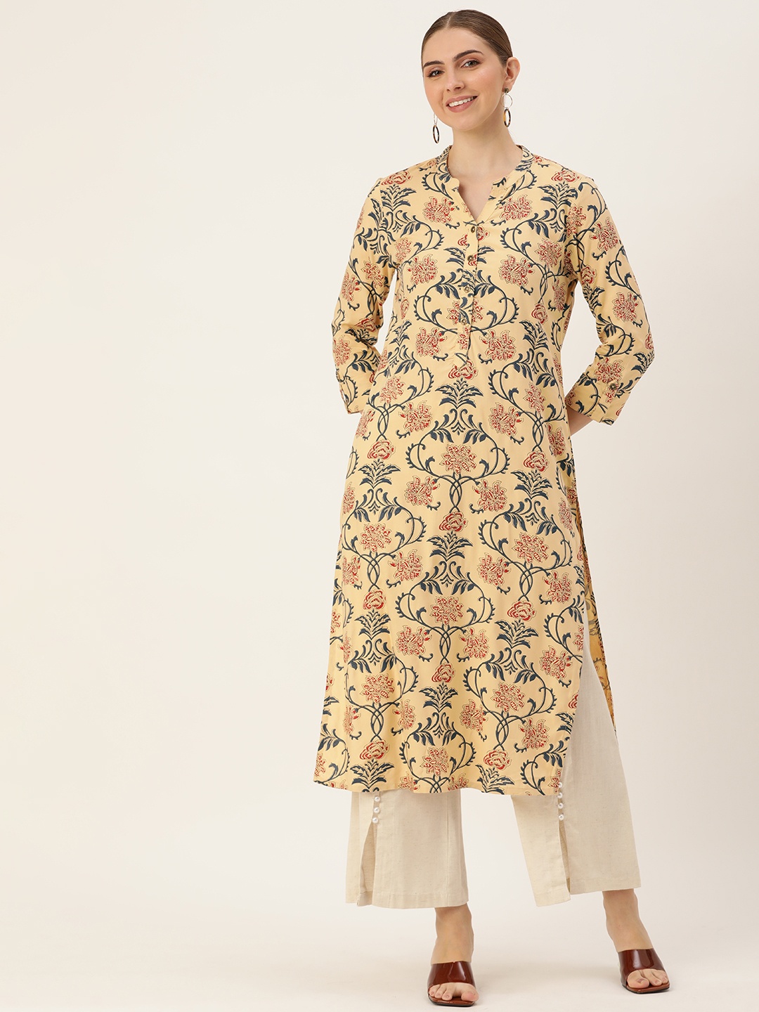 

AMUKTI Floral Printed Mandarin Collar Kurta, Beige