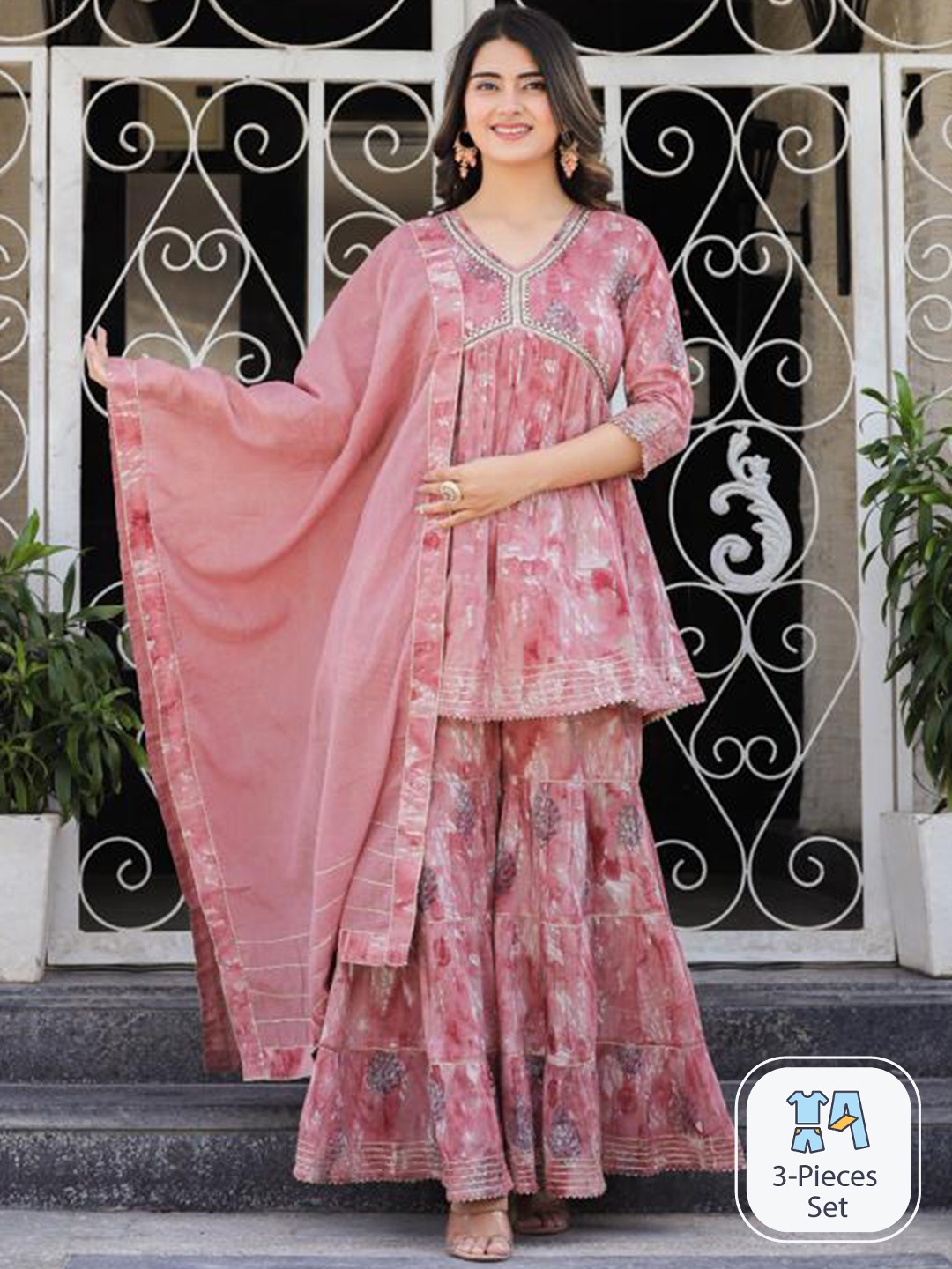 

ZARI Floral Printed Empire A-Line Kurta with Sharara & Dupatta, Maroon