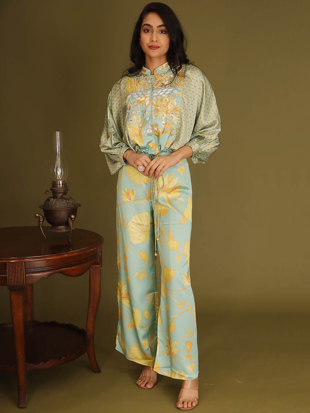 

ZARI Printed Satin Top & Palazzo, Green