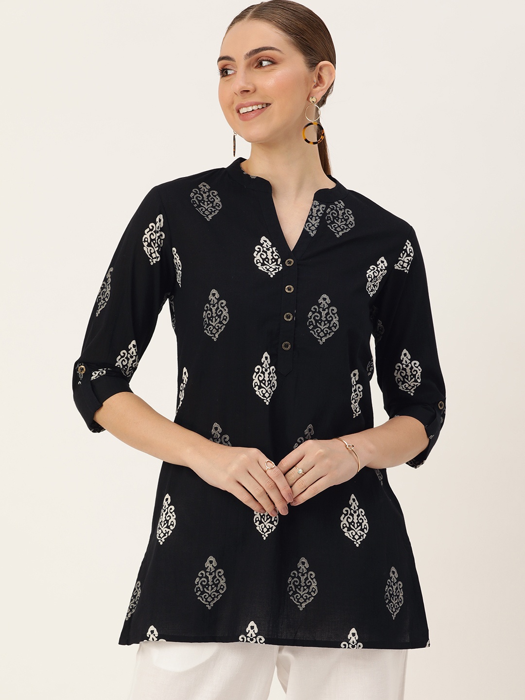 

AMUKTI Mandarin Collar Printed Ethnic Tunic, Black