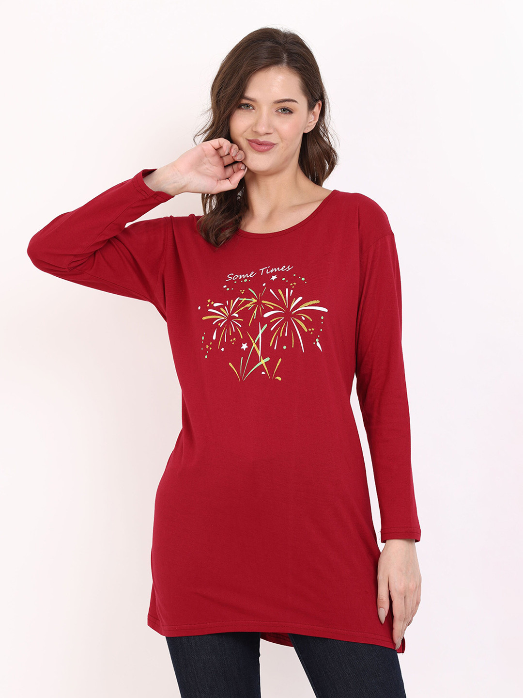 

BAESD Typography Printed Pure Cotton Longline T-shirt, Maroon
