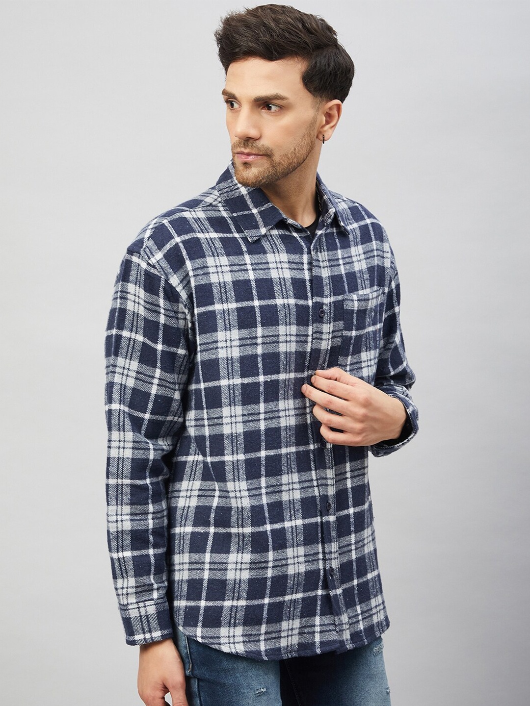 

CHIMPAAANZEE Tartan Checked Casual Oversized Shirt, Navy blue
