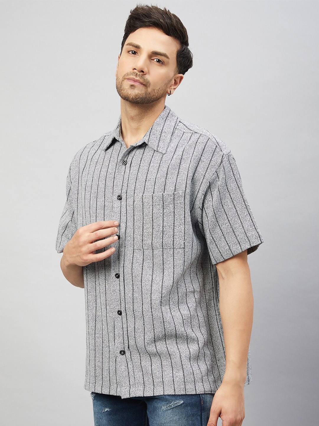 

CHIMPAAANZEE Vertical Striped Oversized Fit Casual Shirt, Grey