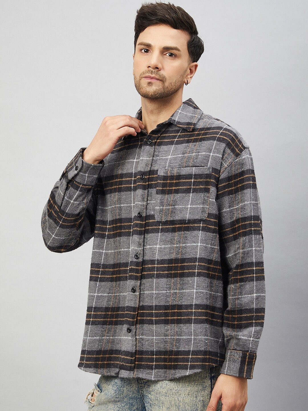 

CHIMPAAANZEE Tartan Checked Spread Collar Casual Shirt, Grey