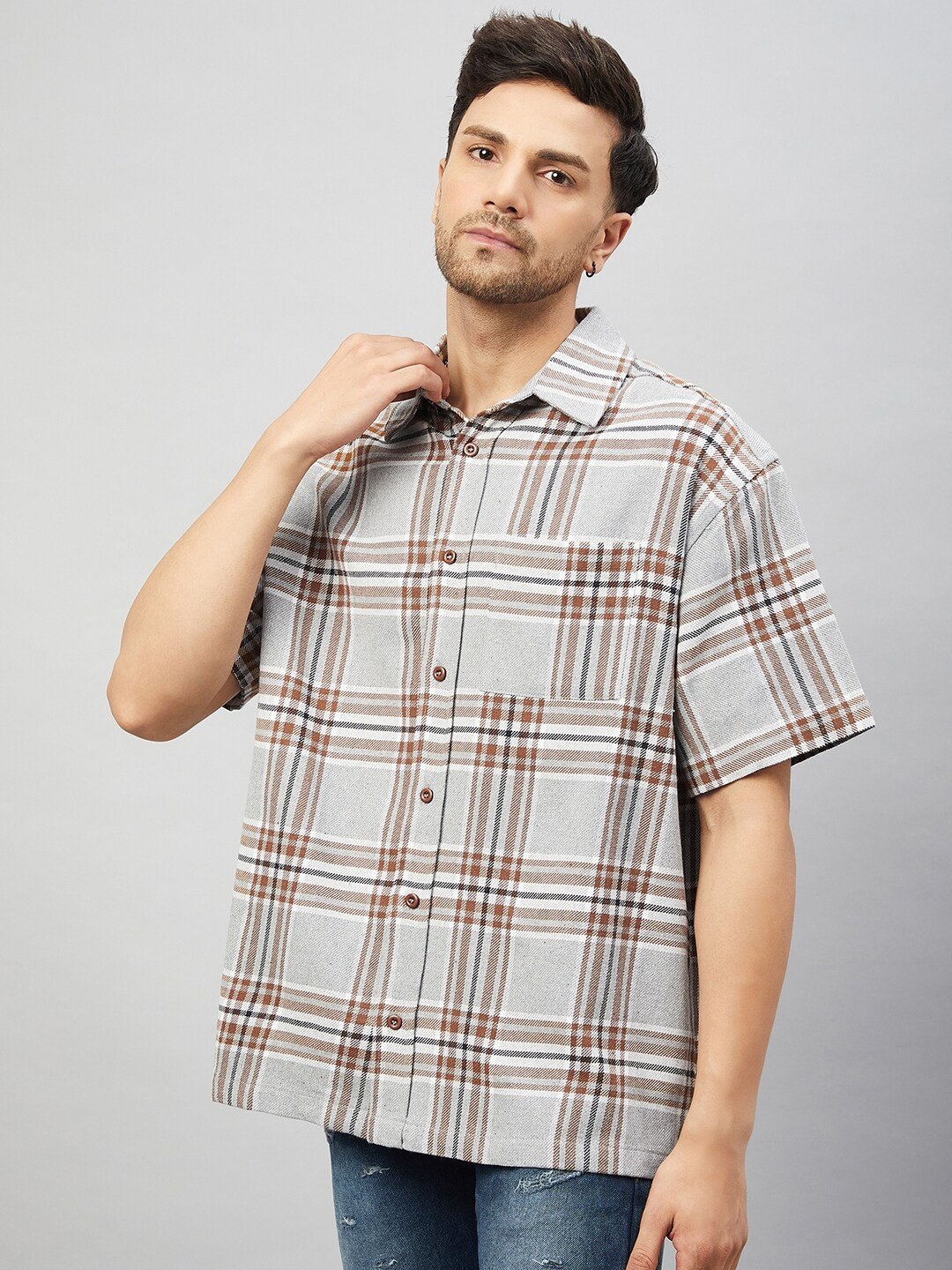 

CHIMPAAANZEE Tartan Checked Oversized Casual Shirt, Grey