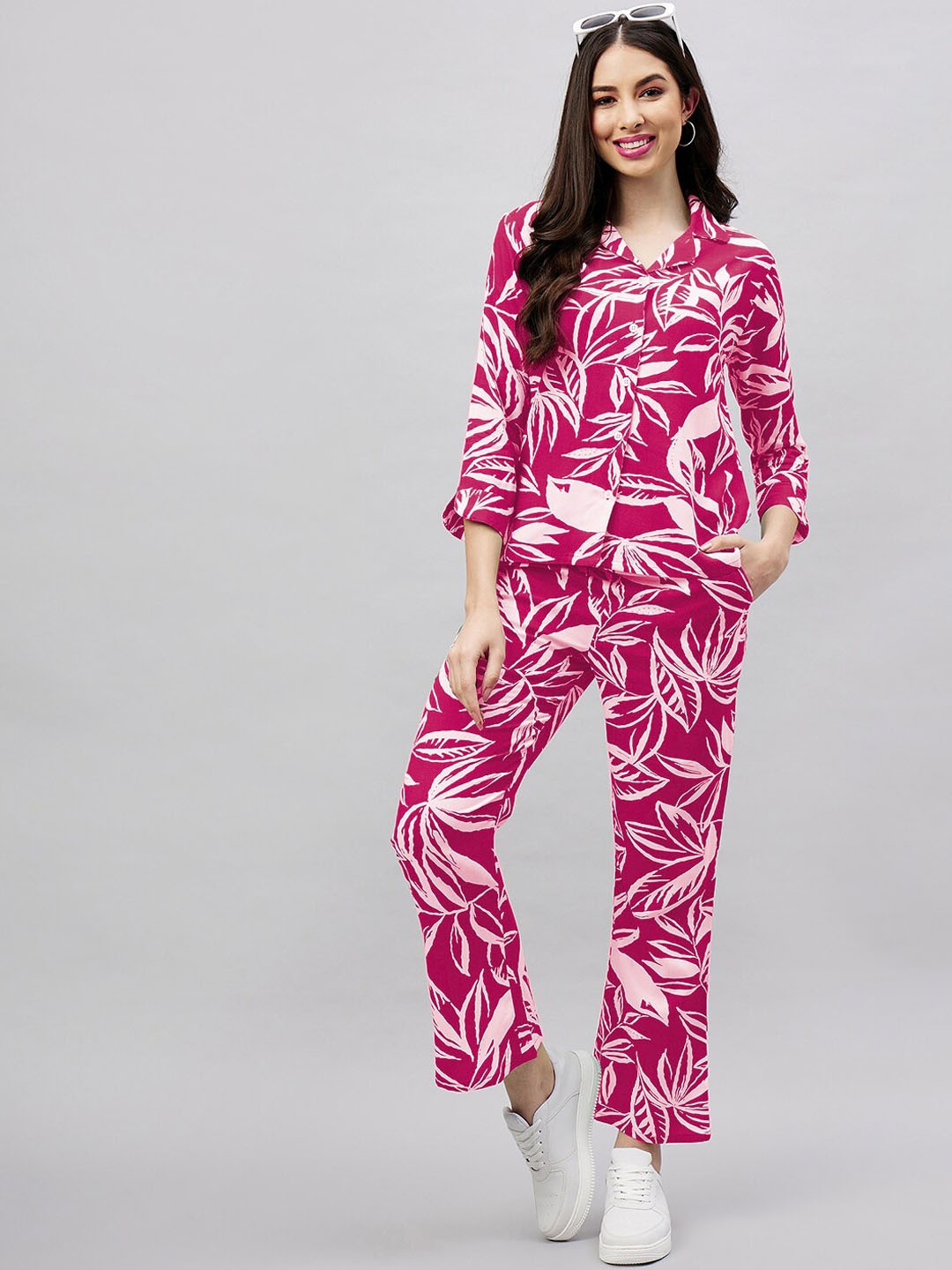 

CHROME & CORAL Floral Printed Shirt & Trouser Co-Ords, Pink