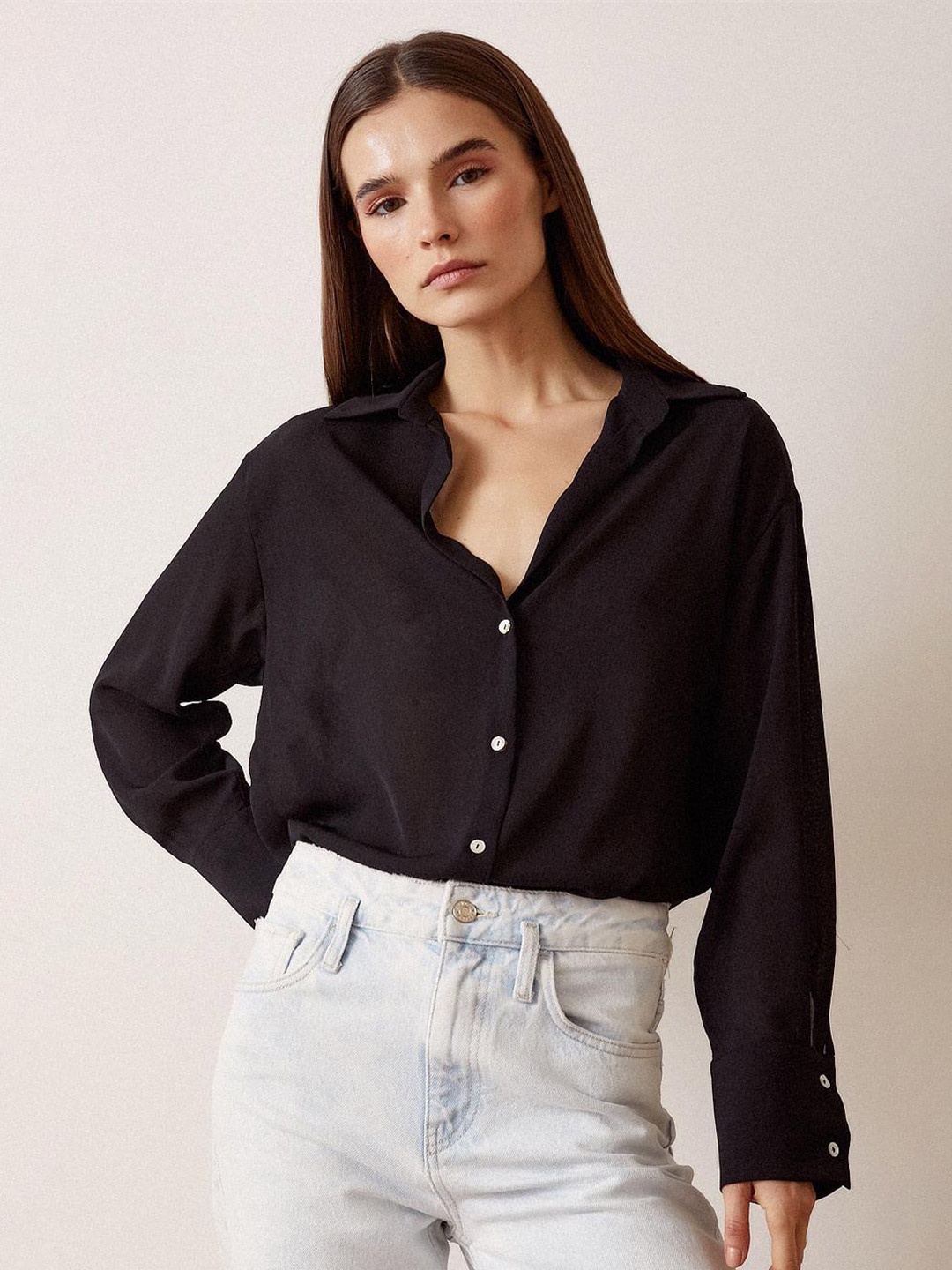 

PRET A TUER Spread Collar Casual Shirt, Black