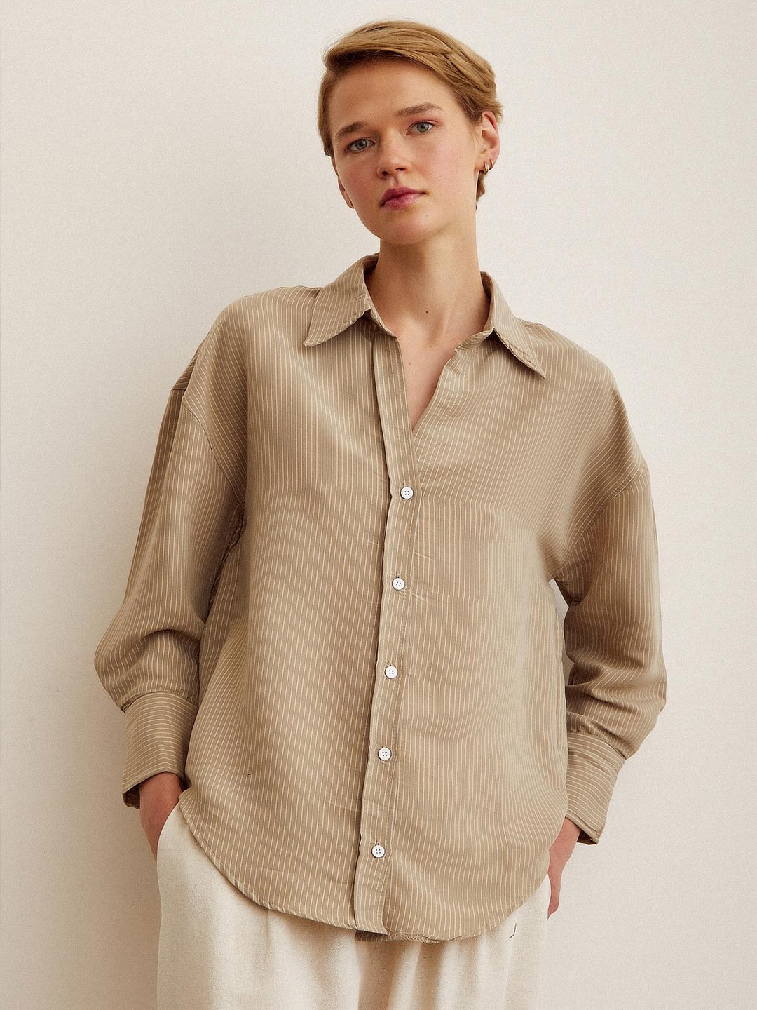 

PRET A TUER Vertical Striped Casual Cotton Shirt, Brown