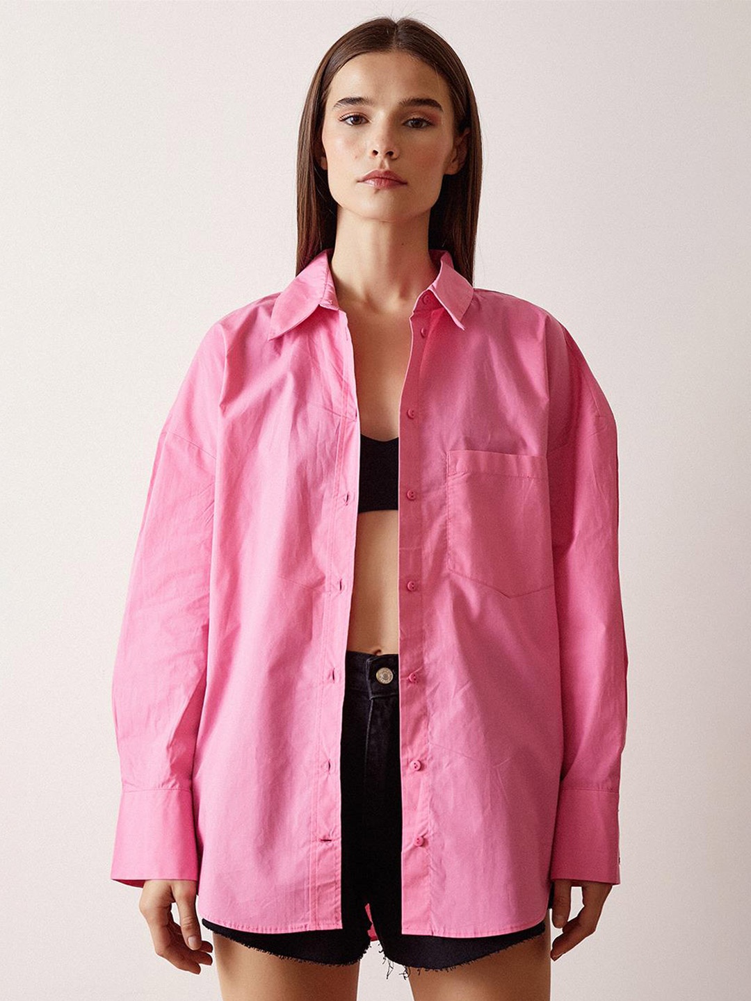 

PRET A TUER Cotton Boxy Opaque Casual Shirt, Pink