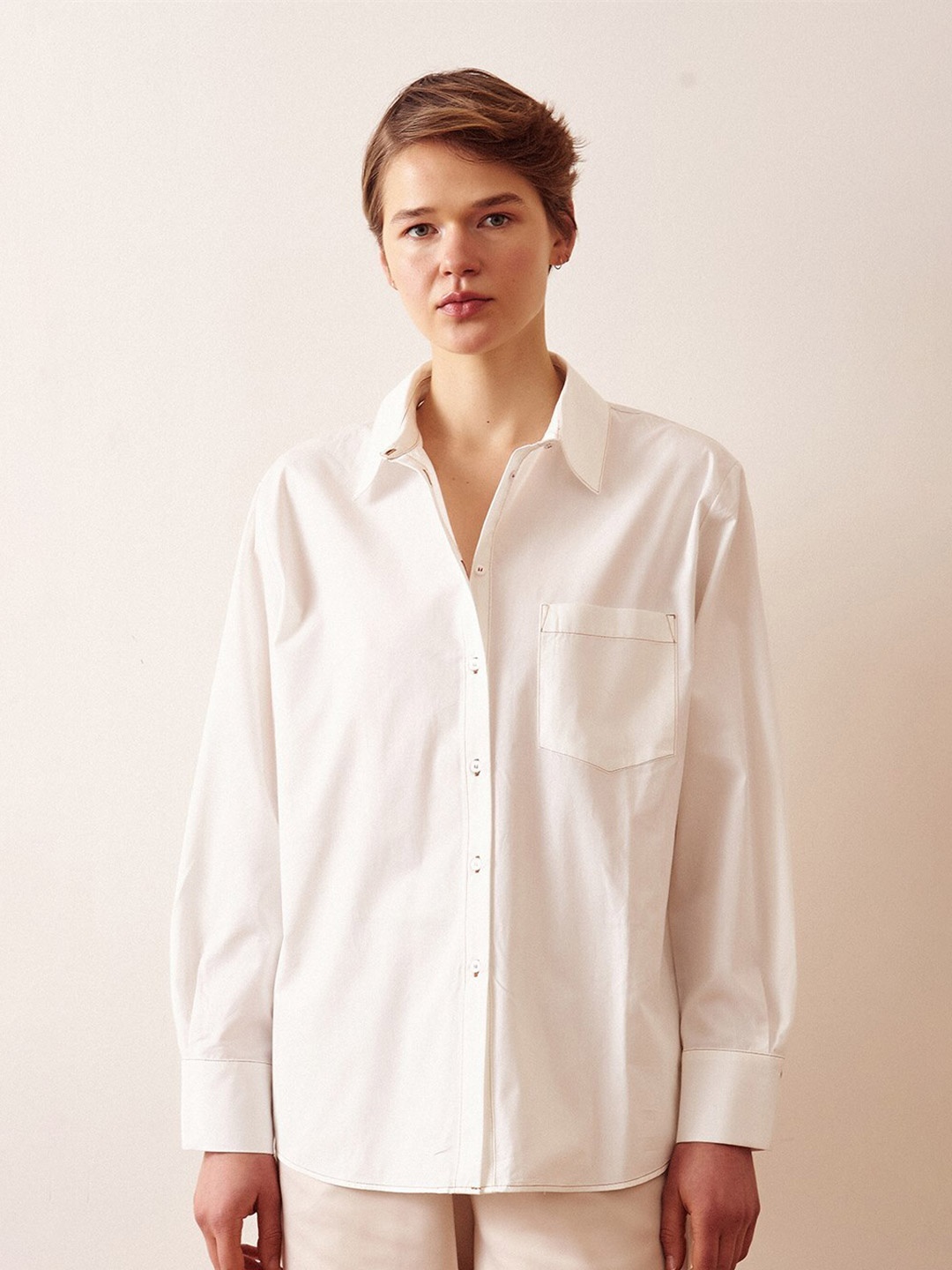 

PRET A TUER Spread Collar Opaque Cotton Casual Shirt, Off white