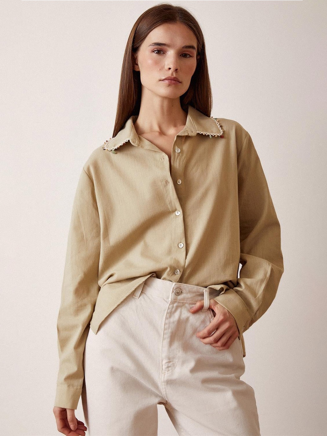 

PRET A TUER Opaque Cotton Casual Shirt With Collar Accessories, Khaki