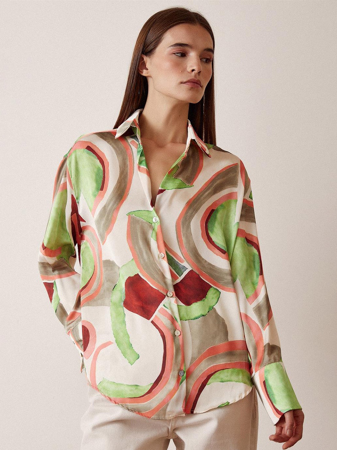 

PRET A TUER Abstract Printed Spread Collar Casual Shirt, Beige
