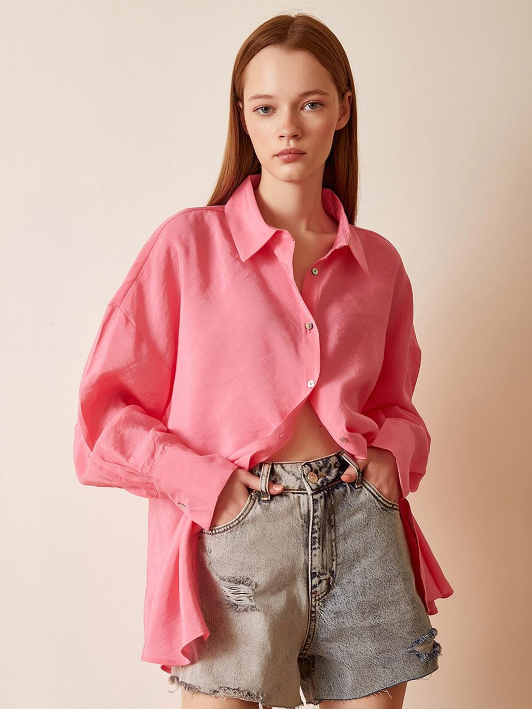 

PRET A TUER Spread Collar Casual Cotton Oversized Shirt, Pink