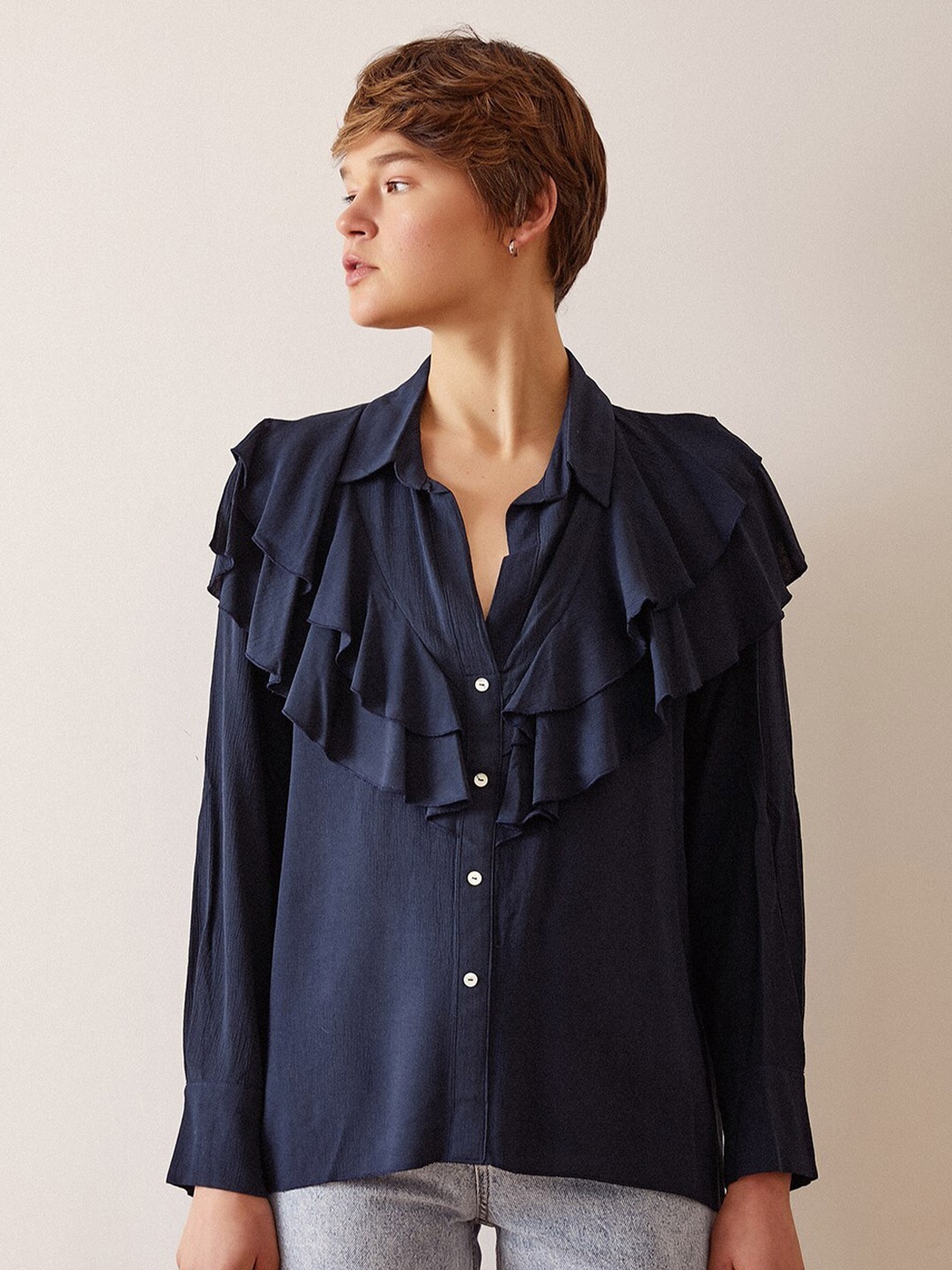 

PRET A TUER Spread Collar Ruffles Regular Fit Casual Shirt, Navy blue