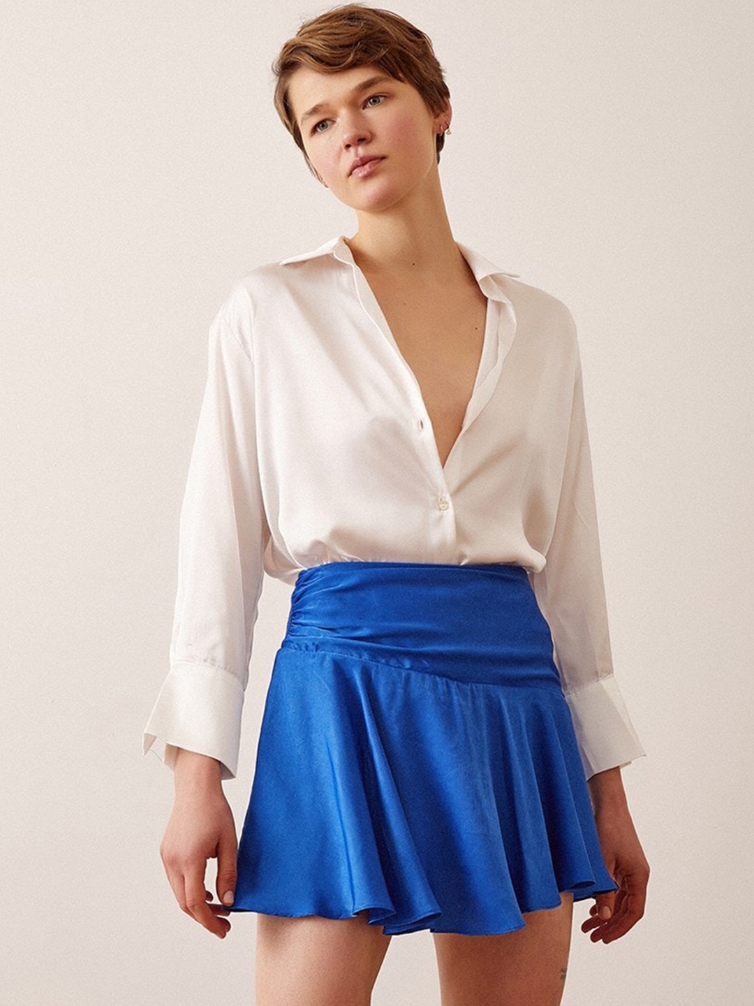 

PRET A TUER Flared Mini Satin Skirt, Blue