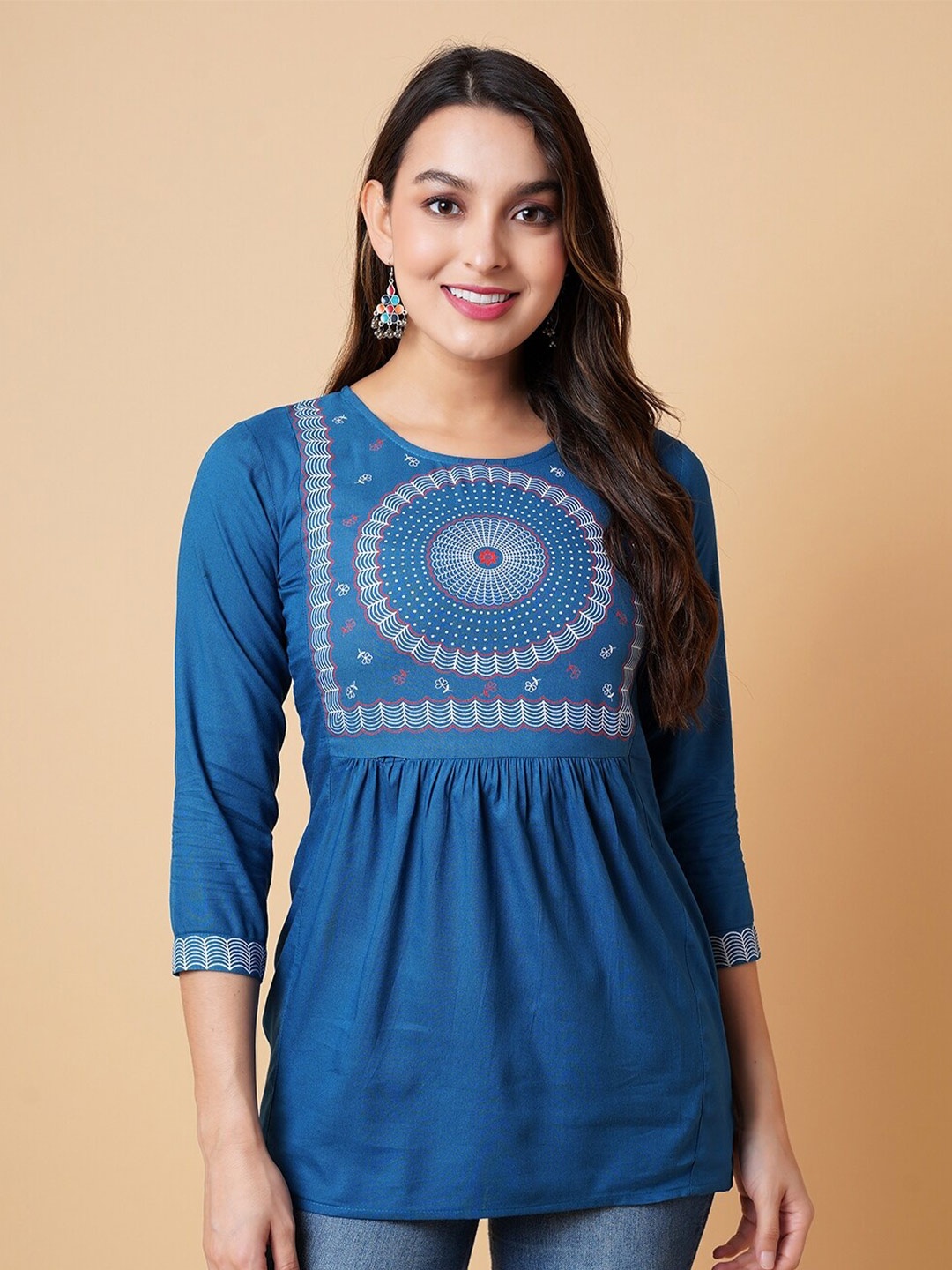

DAEVISH Ethnic Motifs Printed Empire Top, Turquoise blue
