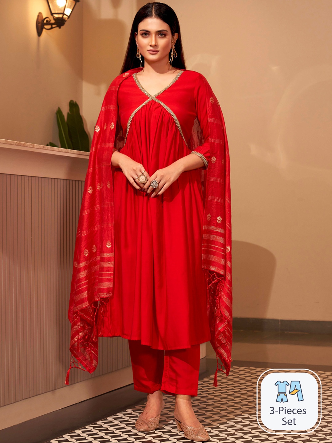 

Tikhi Imli Empire Beads and Stones Kurta with Trousers & Dupatta, Red