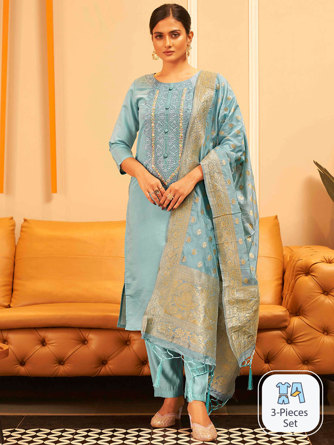 

Tikhi Imli Floral Yoke Design Thread Work Kurta With Trousers & Dupatta, Blue