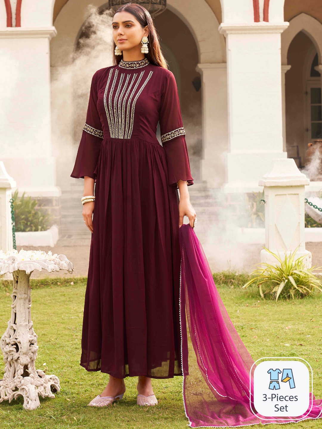 

Tikhi Imli Yoke Design Empire Beads And Stones Anarkali Kurta With Trousers & Dupatta, Burgundy