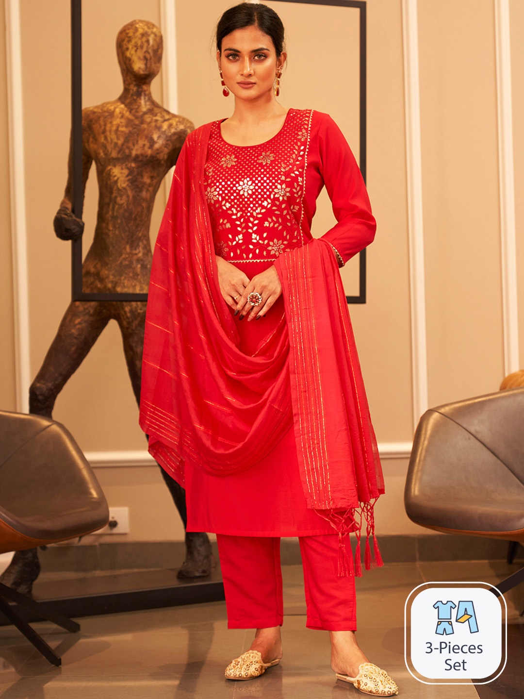 

Tikhi Imli Floral Yoke Design Thread Work And Sequinned Kurta With Trousers & Dupatta, Red