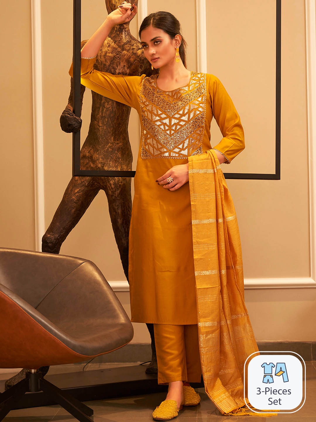 

Tikhi Imli Ethnic Motifs Yoke Design Regular Gotta Patti Kurta with Trousers & Dupatta, Mustard