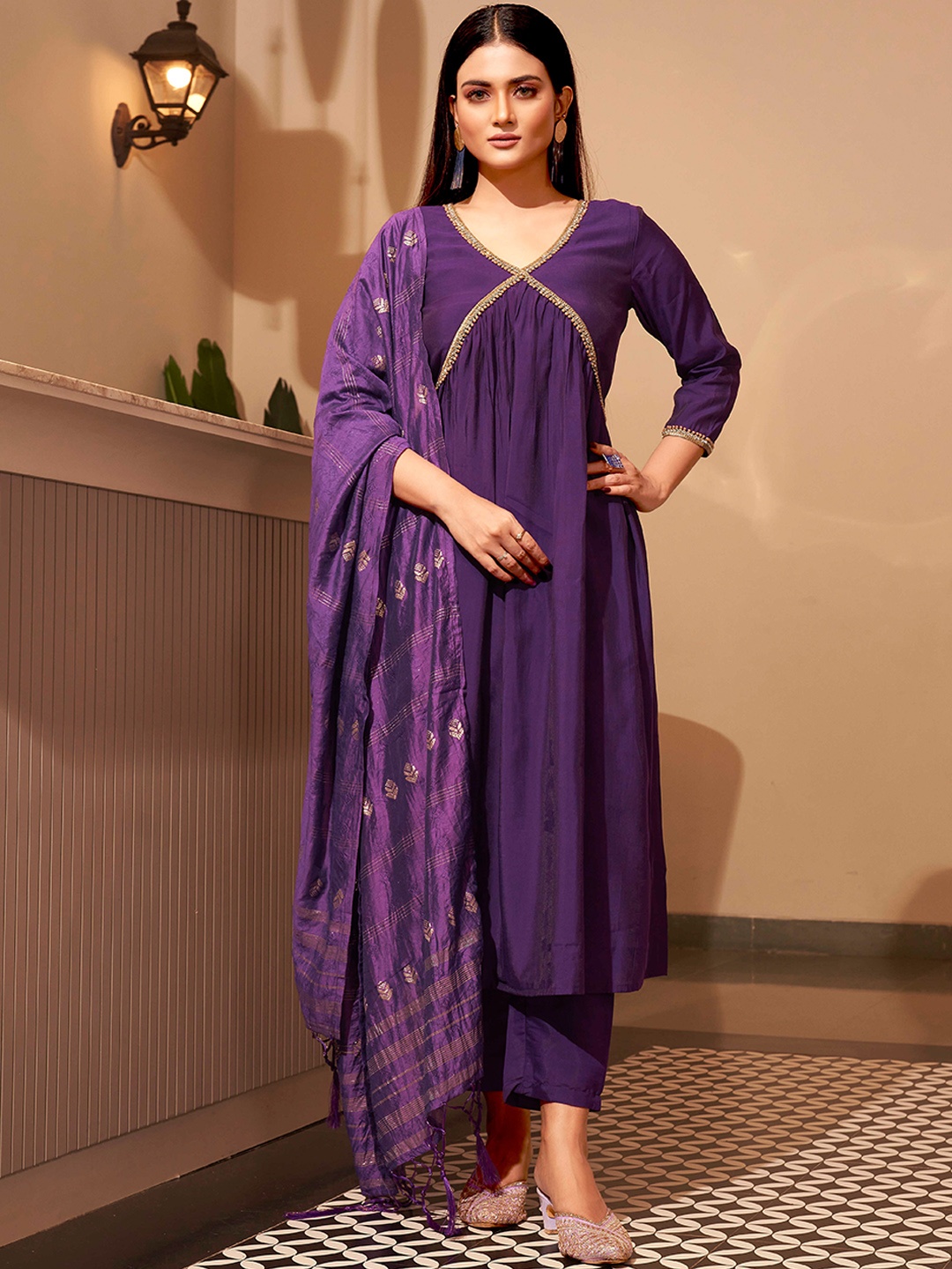 

Tikhi Imli Empire Beads and Stones Anarkali Kurta With Trousers & Dupatta, Purple