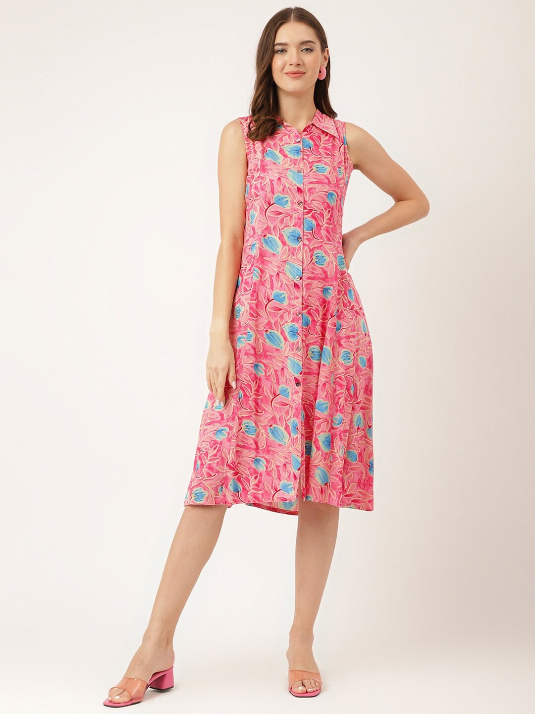 

Divena Floral Printed Shirt Collar Sleeveless A-Line Dress, Pink