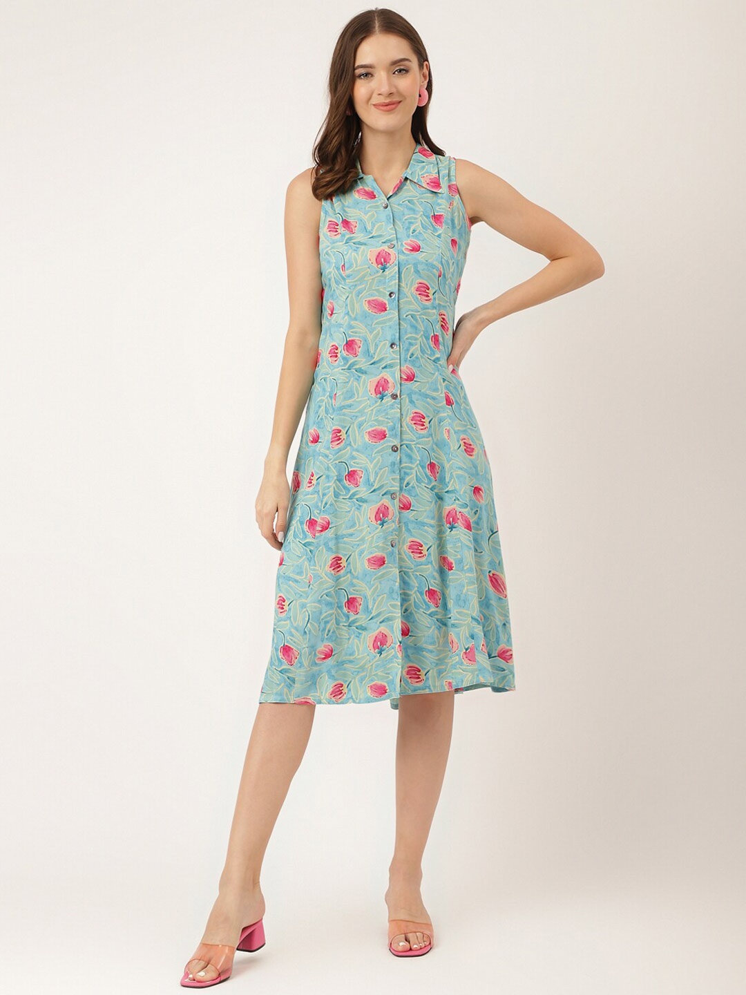 

Divena Floral Printed Sleeveless A-Line Dress, Blue