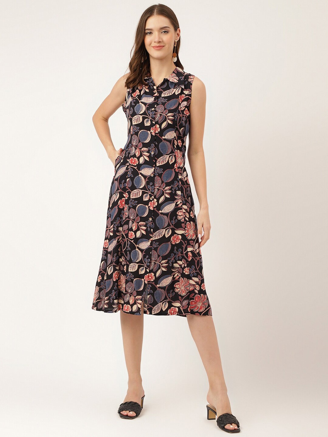 

Divena Floral Printed A Line Midi Dress, Navy blue