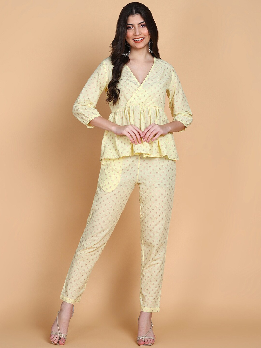 

HERE&NOW Printed Pure Cotton Peplum Top & Trouser, Yellow