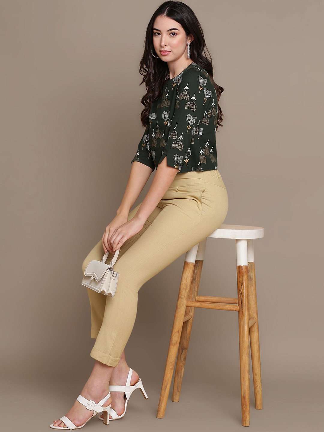 

HERE&NOW Printed Round Neck Top & Trouser, Green