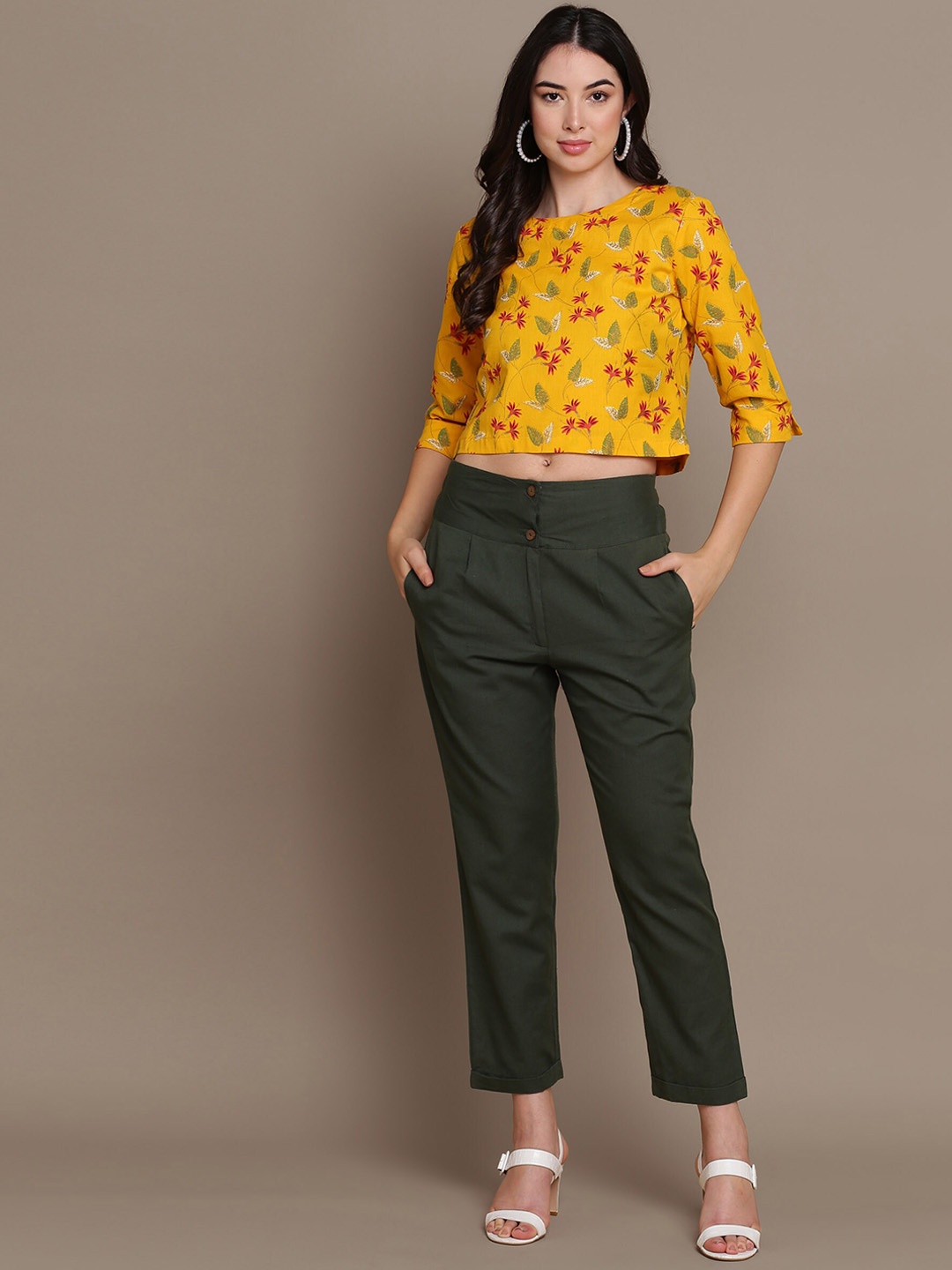 

HERE&NOW Printed Round Neck Top & Trouser, Yellow