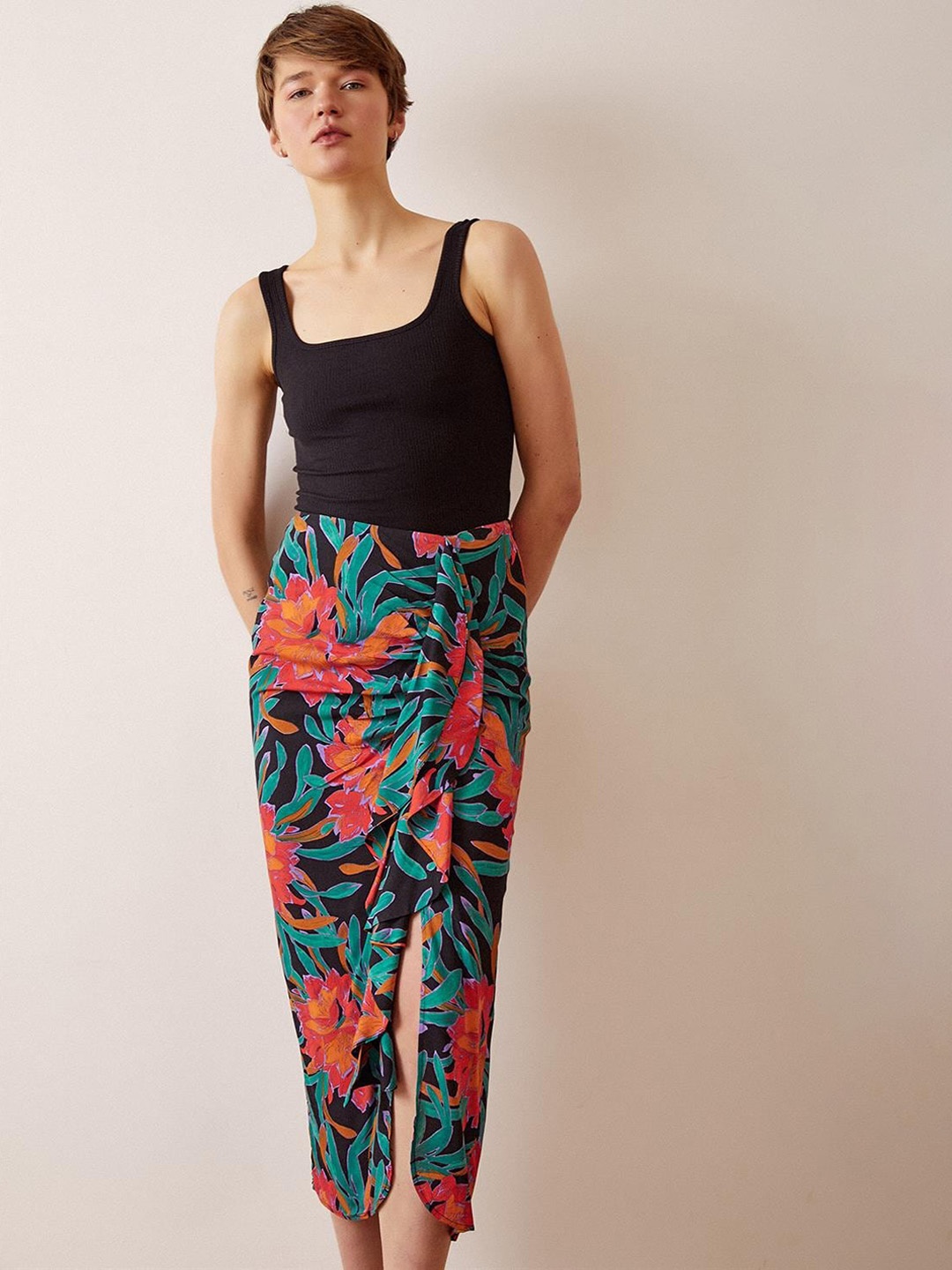 

PRET A TUER Floral Printed Wrap Midi Skirts, Green