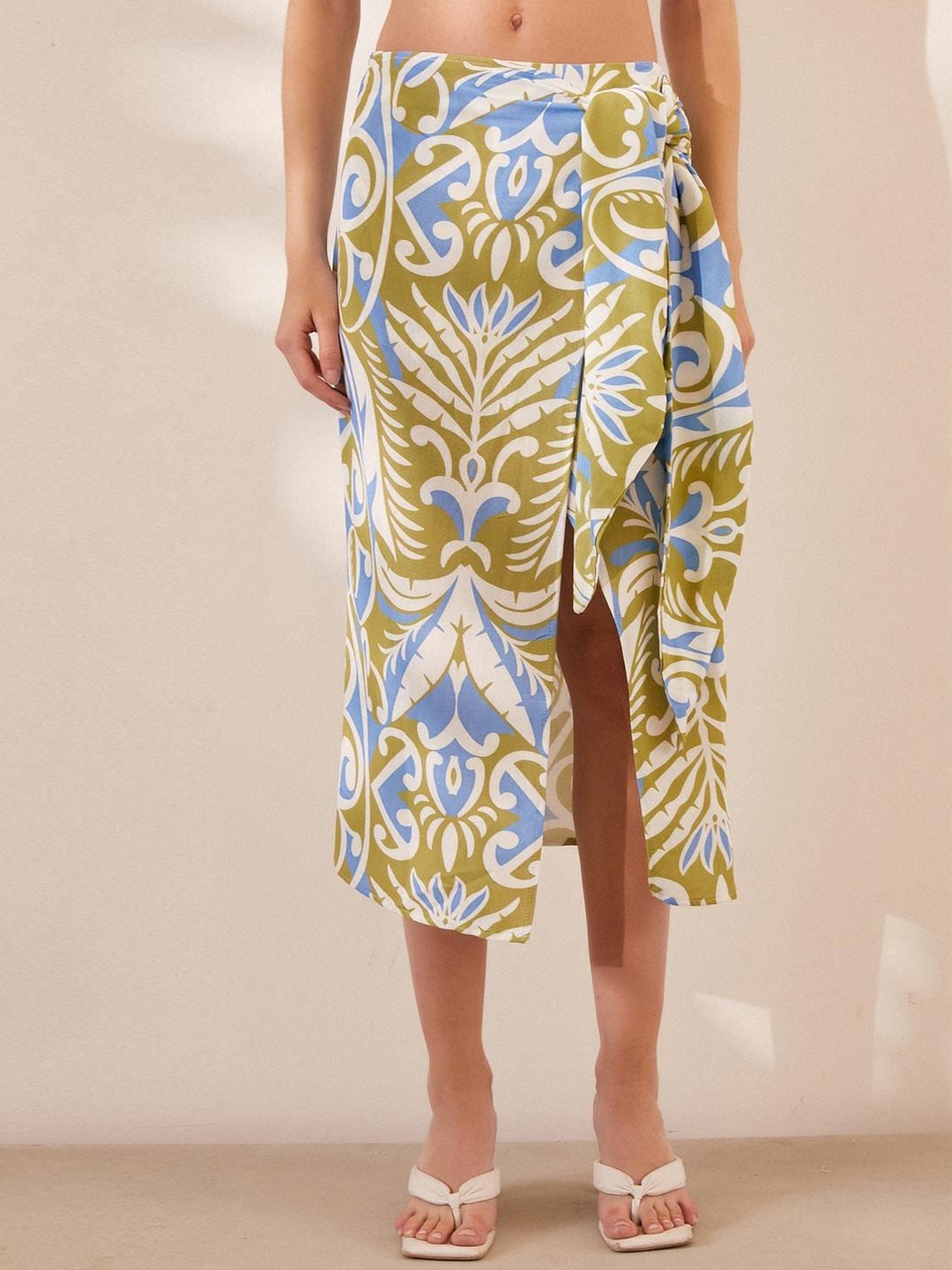 

PRET A TUER Ethnic Motifs Printed Tie Up Wrap Skirt, Green