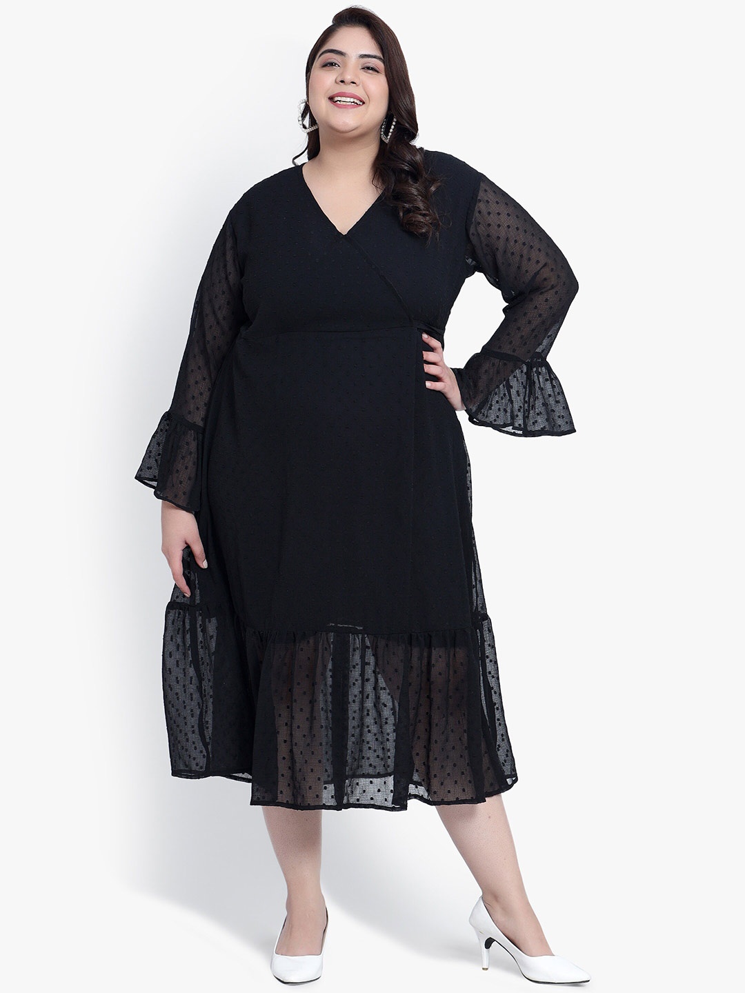 

Indietoga Plus Size Self Design V-Neck Bell Sleeves Tiered Georgette Wrap Midi Dress, Black