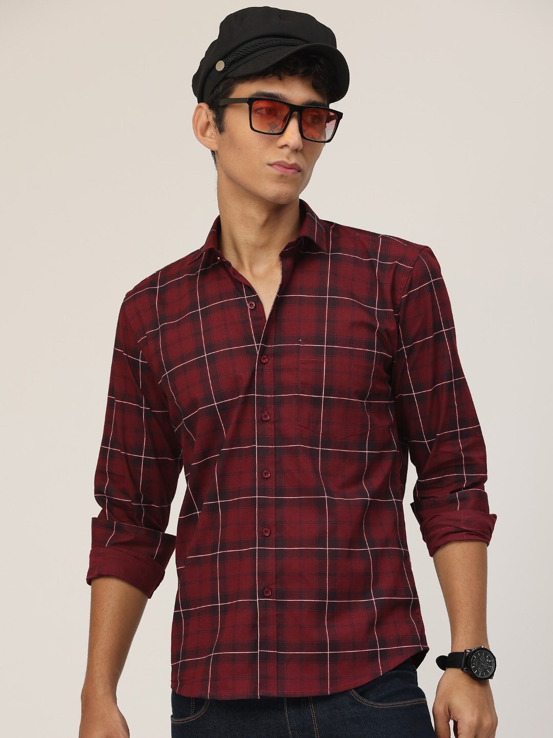 

SmartRAHO Classic Slim Fit Tartan Checked Cotton Casual Shirt, Maroon