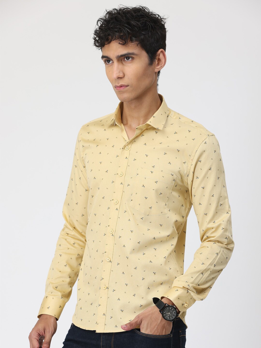 

SmartRAHO Classic Slim Fit Micro Ditsy Printed Cotton Shirt, Yellow
