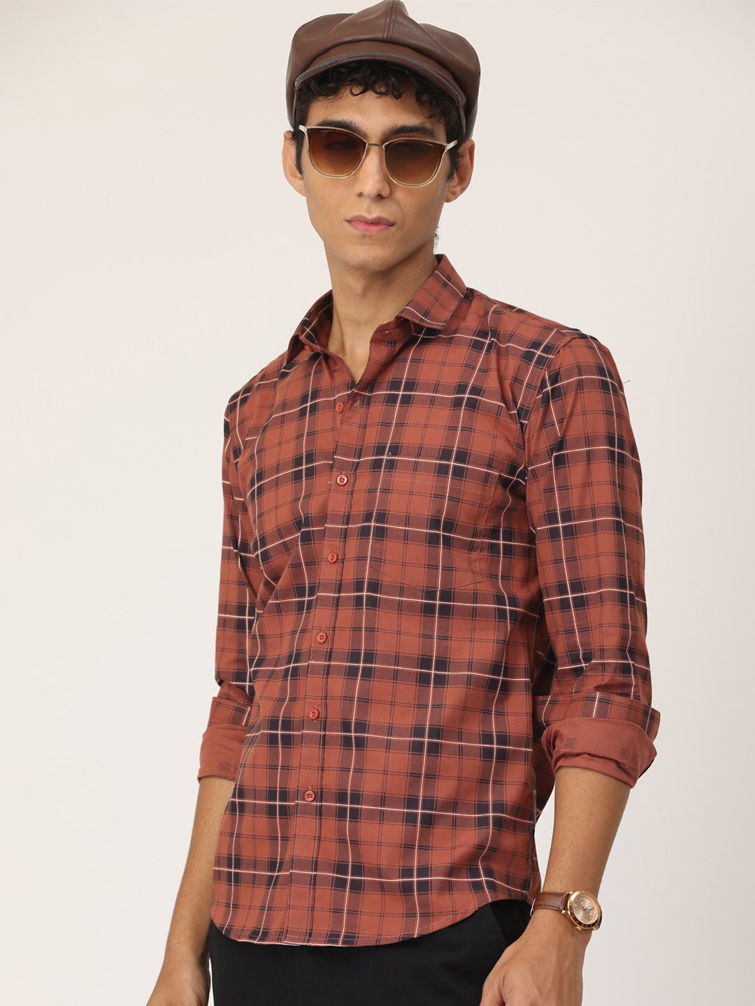 

SmartRAHO Classic Slim Fit Tartan Checked Cotton Casual Shirt, Brown