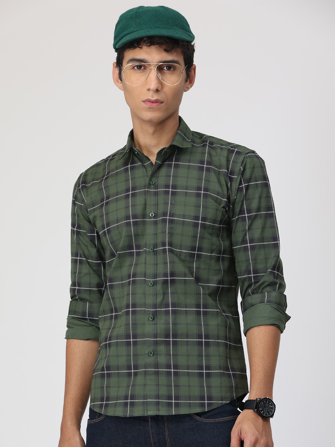 

SmartRAHO Classic Slim Fit Tartan Checked Cotton Casual Shirt, Green