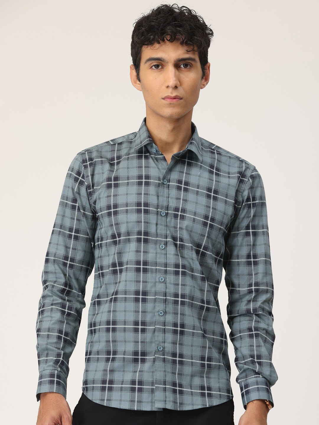 

SmartRAHO Men Classic Slim Fit Tartan Checked Cotton Casual Shirt, Grey