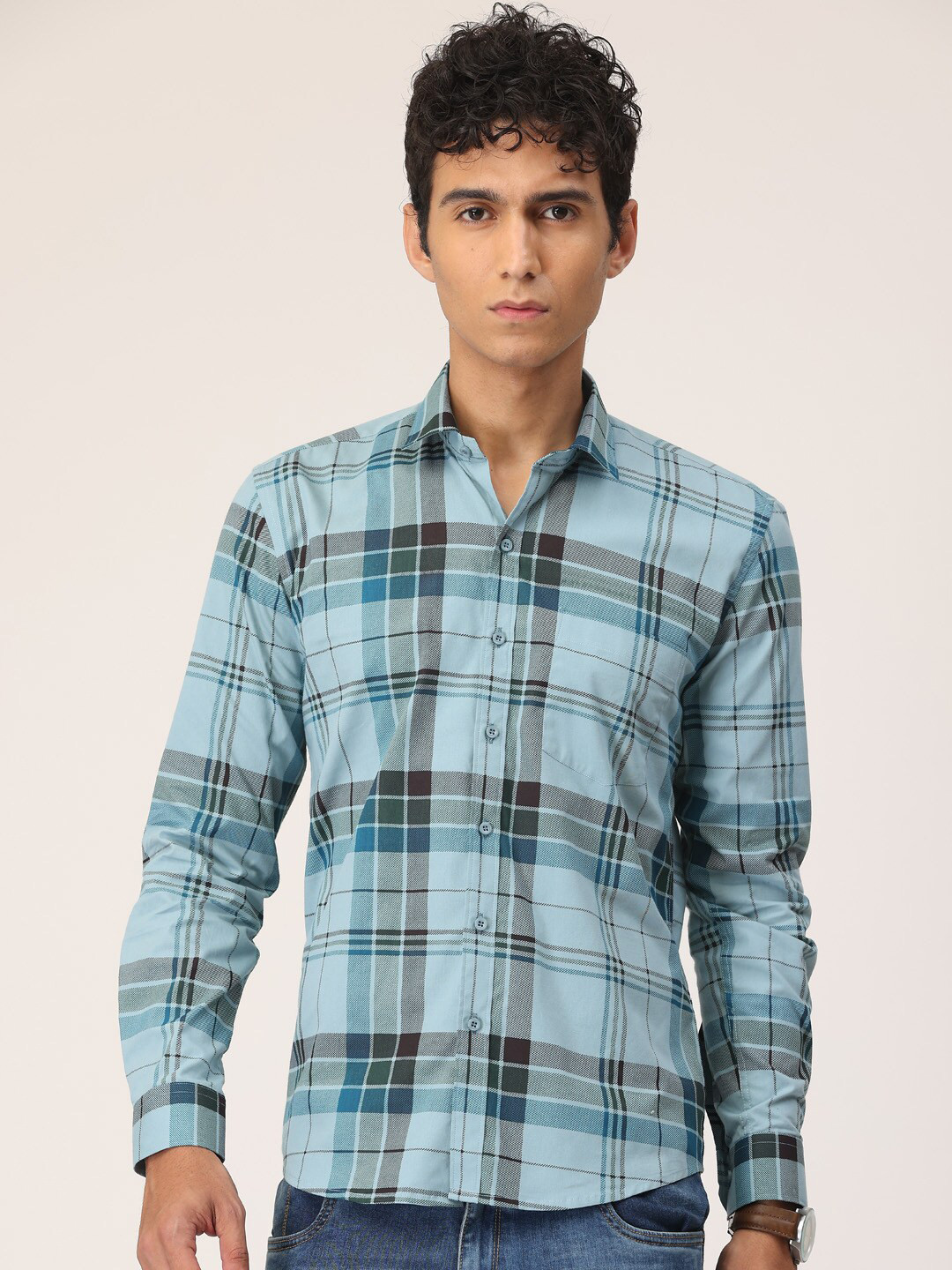 

SmartRAHO Classic Slim Fit Tartan Checked Cotton Casual Shirt, Blue
