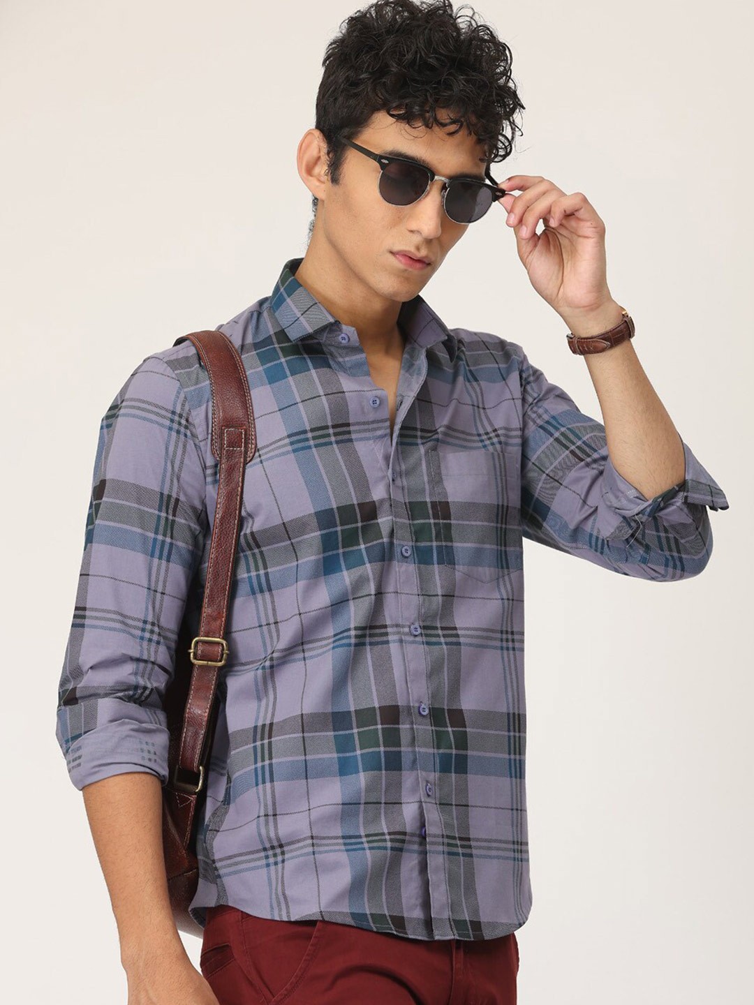 

SmartRAHO Tartan Checked Cotton Classic Slim Fit Opaque Casual Shirt, Purple