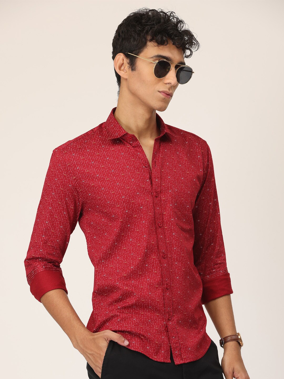 

SmartRAHO Classic Slim Fit Micro Disty Printed Cotton Casual Shirt, Red