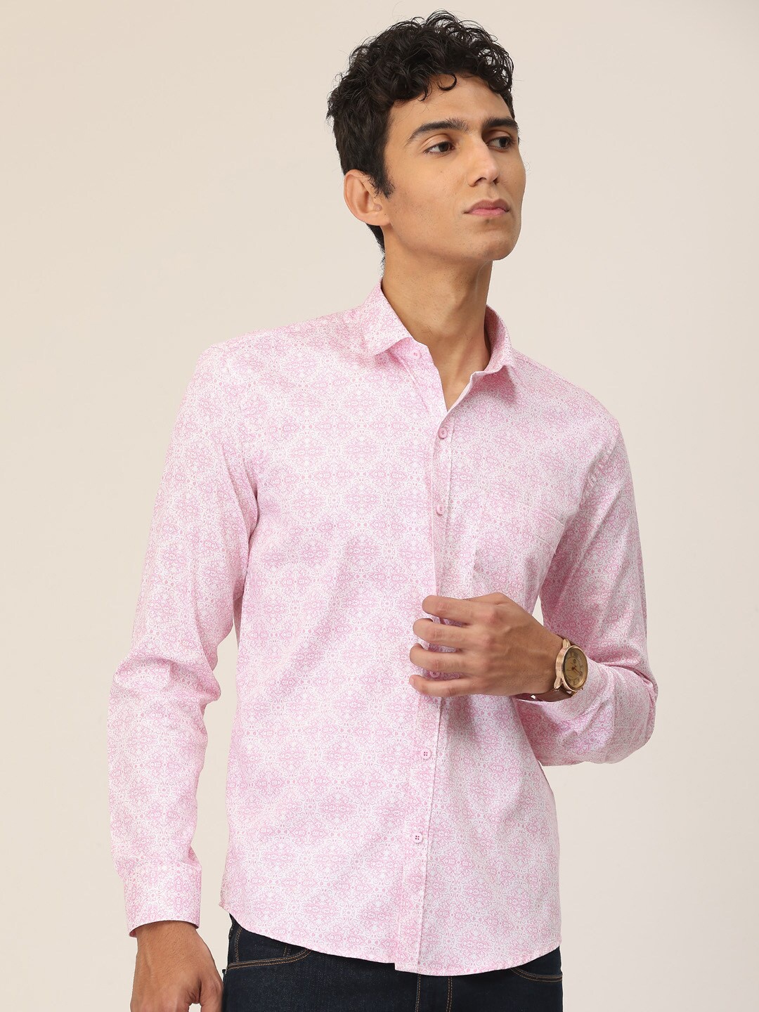 

SmartRAHO Classic Slim Fit Floral Printed Cotton Casual Shirt, Pink